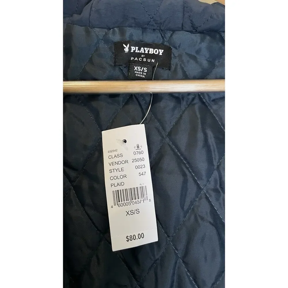 NWT Playboy x Pacsun Mens Plaid Jacket Hoodie Coat Logo Quilted Blue Green XS/S - Picture 7 of 10